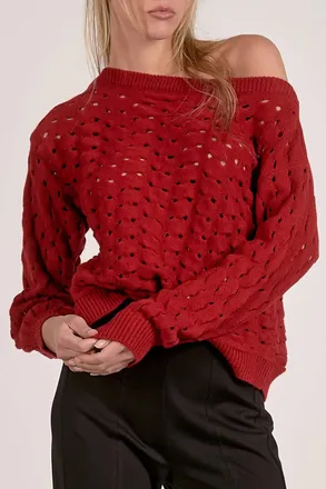 Elan Wide Neck Open Knit Sweater In Red