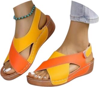 Generic Womens Contrast Color Wedge Orthopedic Sandals 2025 Womens Crisscross Strap Open Toe Summer Shoes Comfortable Orthopedic Sandals (Orange, Adult, Women