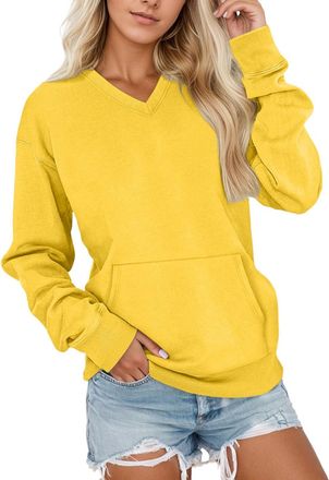 Generic WomenS Solid Colour Hoodless Sweatshirt Hoodies Drawstring Button Womens Pullover Sweatshirt V Neck With Pocket Comfortable Sweatshirt For Everyday We