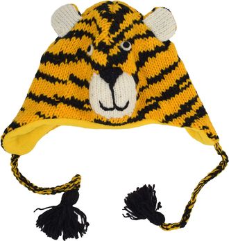 Gheri Woollen Handknitted Fleece Lined Trapper Animal Hat Mustard Tiger