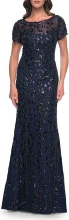La Femme Beaded Sequin Chic Evening Dress with Illusion Top and Short Sleeves in Navy at Nordstrom, Size 18