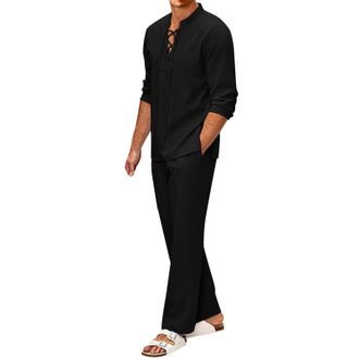 Generic Mens 2 Pieces Cotton Set Retro Style Lace up Long Sleeve Shirts and Trousers Sets Breathable and Comfortable Cotton Casual Outfits Summer Beach Vacati