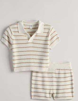 Nordstrom Cotton Blend Knit Polo Sweater & Shorts Set in Ivory Tofu Abe Stripe at Nordstrom, Size 18M