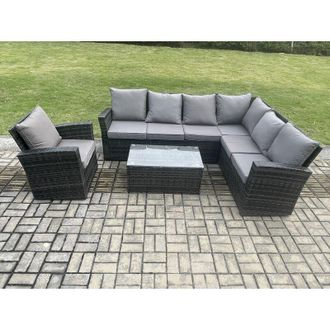 Fimous Rattan Garden Furniture Corner Sofa Set 4 Pieces Outdoor Patio Sofa Chair Table Set with Rectangular Coffee Table Dark Grey Mixed - Fimous