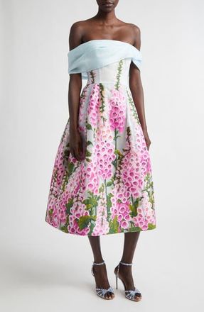 Oscar De La Renta Foxglove Print Off the Shoulder Organza Dress in Lilac/Sky at Nordstrom, Size 10