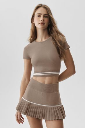 Alo | Scholar Knit My Serve Short Sleeve Top in Gravel/White, Size: Medium