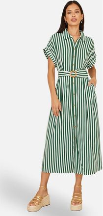 Yumi Stripe Print Belted Midi Shirt Dress in Green at Nordstrom, Size 16