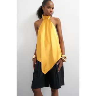 Topshop Backless High Neck Halter Top in Mustard at Nordstrom, Size 12