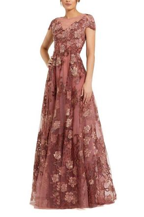 Mac Duggal Floral Embroidered Cap Sleeve Evening Gown in Cinnamon at Nordstrom, Size 12
