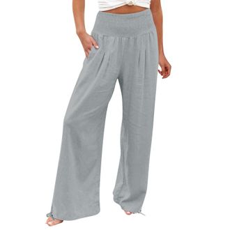 Generic Petite Trousers Women Short Leg Black Work Trousers Ladies Wide Leg Cotton Linen Elasticated Waist Lounge Pants Ladies Baggy Summer Comfy Loose Fit Pl