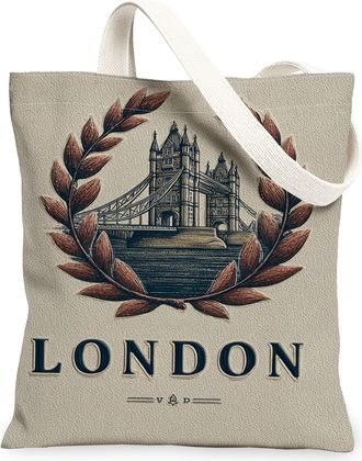 Generic Vintage London Bridge Canvas Tote Bags, Elegant Leaf Pattern Reusable Shopping Bags, Lightweight Washable Shoulder Strap Ca, Beige, 13x15 Inch