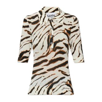 Ganni V-neck Knitwear, female, Brown, Size: XS Animal-Print Polo