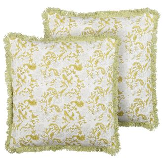 Beliani Conjunto De 2 Cojines De Algod&oacute;n Verde Claro Blanco 45 X 45 Cm A Mano Filix