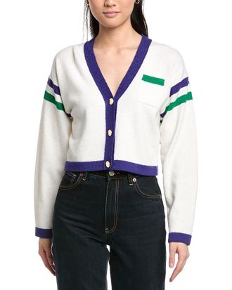 St. John Two Stripe Cropped V-Neck Wool-Blend Cardigan
