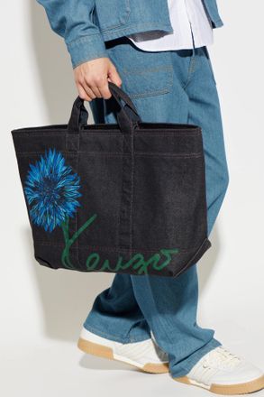Kenzo Denim Bag With Floral Motif, Mens, Navy Blue