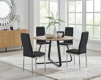 Furniturebox Santorini Brown Wood Contemporary Round Dining Table & 4 Milan Chairs Set in Black