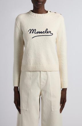 Moncler Embroidered Logo Crop Crewneck Sweater in Silk White at Nordstrom, Size Xx-Small