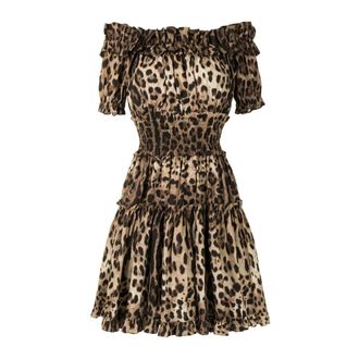 Dolce & Gabbana Short Dresses, female, Multicolor, Size: M Off-the-Shoulder Leopard Print Ruffle Dress