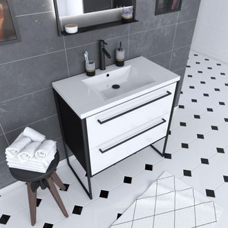 Aurlane Aurlane - Mueble De Ba&ntilde;o 80x50cm Mata Negro - 2 Cajones Blancos - Cuenca Blanca - Structura P043