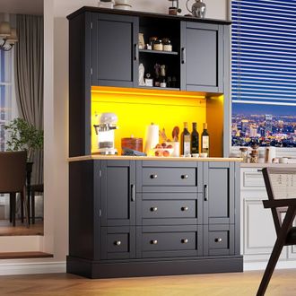 Merax Tall Black Kitchen Cabinet with 5 Drawers & LED Lighting