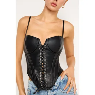 Good American Womens Faux Leather Lace Up Bustier | Black, Size Large | Good American by Khlo&Egrave; Kardashian