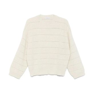 Brunello Cucinelli Round-neck Knitwear, female, Beige, S, Dazzling Jumper with Openwork Stripes