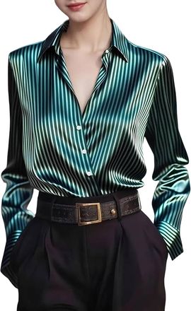 Generic Women Satin Blouse Elegant Striped Deep V Neck Long Sleeve Tops Business Casual Loose Work Button Down Shirt(Green, M)