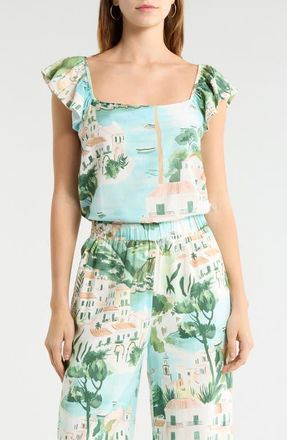 Sugarlips Piti Town Tazzy Flutter Sleeve Top in Aqua-Multi at Nordstrom, Size X-Large