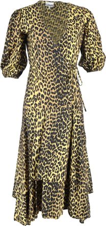 Ganni Ganni Leopard Print Midi Wrap Dress in Brown Cotton