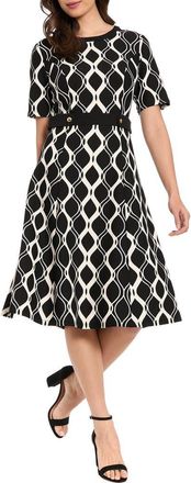 London Times Short Sleeve Side Tab Fit & Flare Dress in Black/Ivory at Nordstrom Rack, Size 12