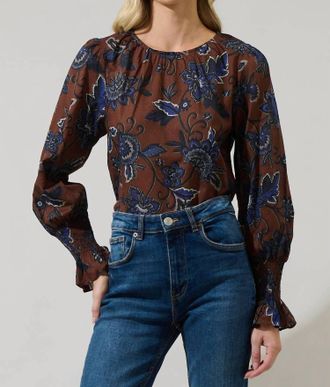 Sugarlips Marlina Smocked Cuff Blouse In Brown/blue