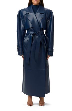 Naked Wardrobe Faux Leather Trench Coat in Navy Blue at Nordstrom, Size X-Small