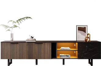 STILVORA Mueble Tv Con 2 Puertas, 2 Cajones Y Led Multicolor, Efecto M&aacute;rmol Negro, En Mdf, Negro Y Madera, 200&times;38&times;50 Cm
