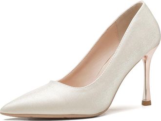 Generic Eestfy Womens Pointed Toe Stiletto Pumps Pearl Beige Shimmer Mid Heel Slip-On Wedding & Formal Evening Dress Shoes Elegant Court Footwear,Apricot 7cm,