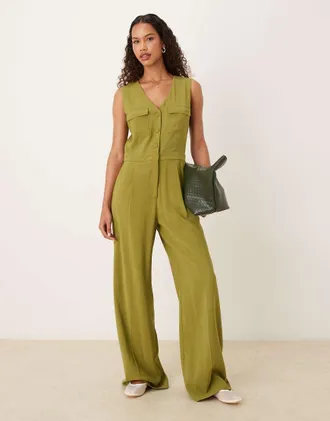 Mango Tuta jumpsuit verde senza maniche con bottoni