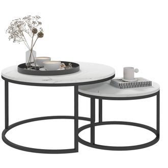 HOMCOM 2 Pcs Stacking Coffee Table Set Steel Frame - Marble-Effect White | TJ Hughes