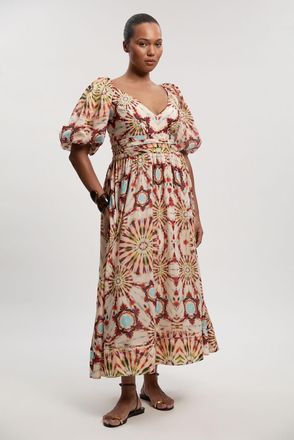 Karen Millen Womens Plus Size Tile Print Silk Cotton Volume Sleeve Woven Maxi Dress - Multicolour - Size 20 UK