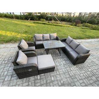 Fimous 9 Seater Rattan Outdoor Garden Furniture Sofa Set Patio Table & Chairs Set with 3 Seater Sofa Rectangular Dining Table Big Footstool Dark Grey Mixed