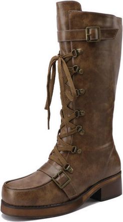 Generic Womens Lace Up Knight Boots with Buckle Round Toe PU Leather Retro Dress Shoes Block Heel Platform Long Boot,Coffee,3.5 UK