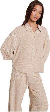 Eberjey Linen Blend Relaxed Sleeve Top Womens Clothing Gingham White/Warm Taupe : MD