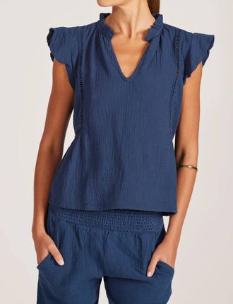 bobi Flutter Sleeve Split Neck Top In Deep Seas
