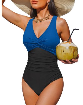 Holipick Women Tummy Control One Piece Swimsuit - Push Up Bathing Suit Full Coverage Slimming Swimwear, Blue and Black, Medium