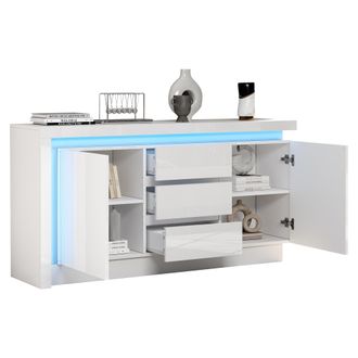 STILVORA Aparador Con 2 Puertas, 3 Cajones Y Estantes Ajustables, Led, En Tablero De Part&iacute;culas, 140&times;35&times;72 Cm, Blanco