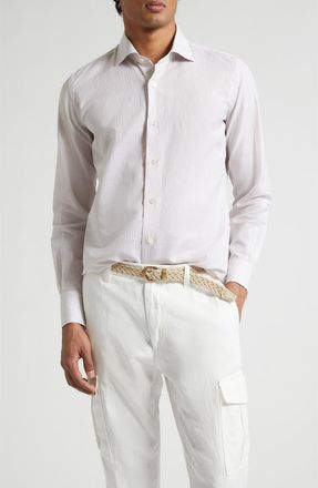 Eleventy Dandy Collar Stripe Cotton & Linen Button-Up Shirt in Sand at Nordstrom, Size Xxx-Large