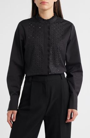 Kobi Halperin Mick Rhinestone Ruffle Cotton Blend Button-Up Shirt in Black at Nordstrom, Size X-Small