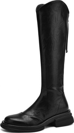 Generic Womens Round Toe Casual Long Boots PU Leather Knee High Boots with Zipper Block Heel Platform Western Boot,Black,5.5 UK