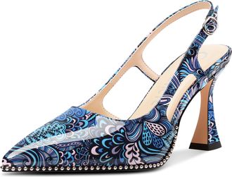 Castamere Womens Slingback Chunky High Heels Close Pointed Toe Dressy Pumps Wedding Party Shoes 9 CM Heels Blue Multicolor 3.5 UK