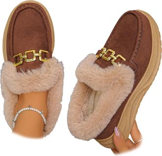 Generic Warm Plush-lined Loafers with Buckle,Low Top Round Toe Fur Lined Moccasins Women with Metal Buckle,Winter fur lined Snow Boots (Coffee,8.5)