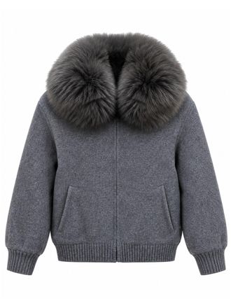Yves Salomon Wool Bomber Jacket with Fox Fur Collar and Ribbed Details