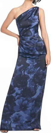 Sachin & Babi Delancy Floral One Shoulder Gown In Deep Ocean Bouquet